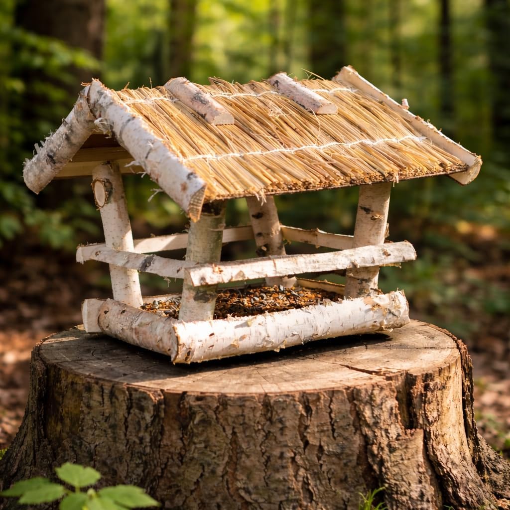 Handgefertigtes Premium Vogelhaus aus europäischem Birkenholz mit Strohdach - Naturfreundliches Desi