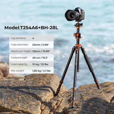 K&F Concept T254A6 Stativ Kamera, Aluminium Tripod mit 90 Grad Mittelsäule, Stativ mit 10 KG Belastu