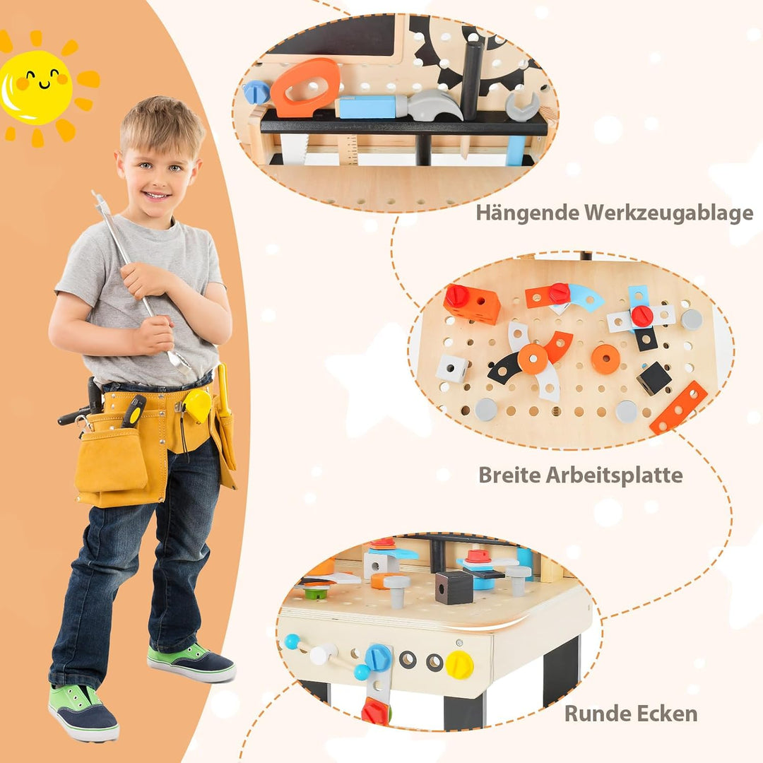 COSTWAY Werkzeugbank für Kinder, Werkbank Holz mit Tafel, hängendem Werkzeugständer & Zubehör, Spiel