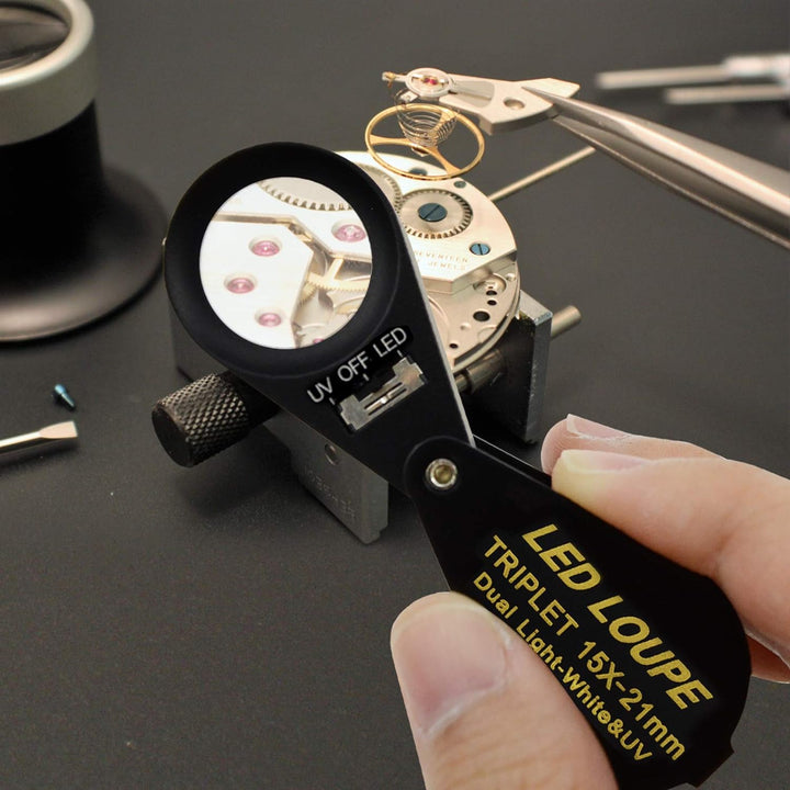 15x Vergrösserungsglas Schmuck Lupe LED UV Licht 21mm Achromatisch Triplett Linse Optisch Glas Tasch