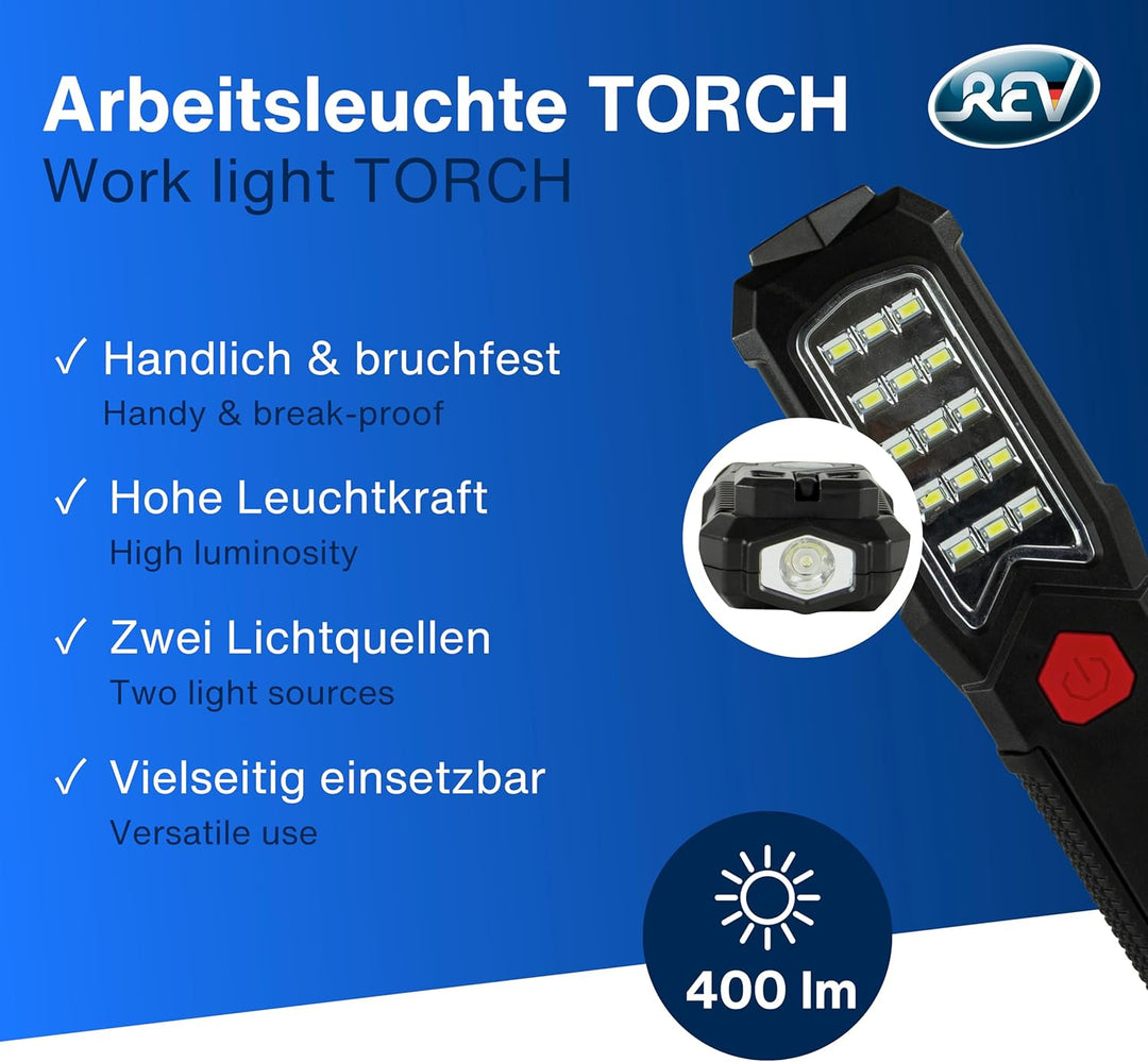 REV LED Arbeitsleuchte TORCH – Kompakte Akku Handlampe mit 360° Magnetfuss & Aufhängehaken, ideal fü