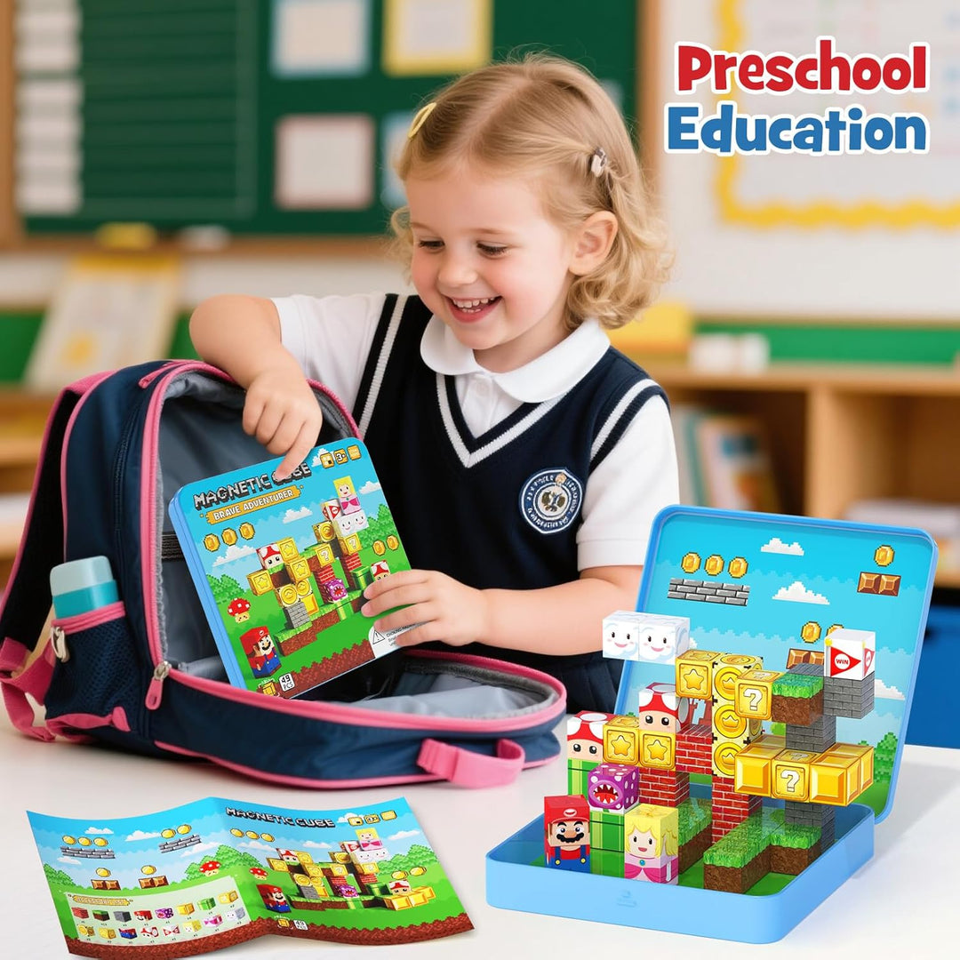 Magnetische Bausteine Reiseset, 49 Teile Magnetbausteine mit Eisenbox für Kinder, Magnetwürfel Bausp