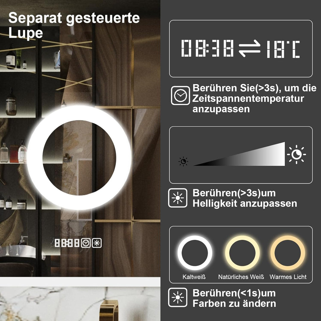 furduzz LED-Badezimmerspiegel mit 3-facher Vergrösserung, 800x600 mm Wandspiegel mit Beleuchtung, di