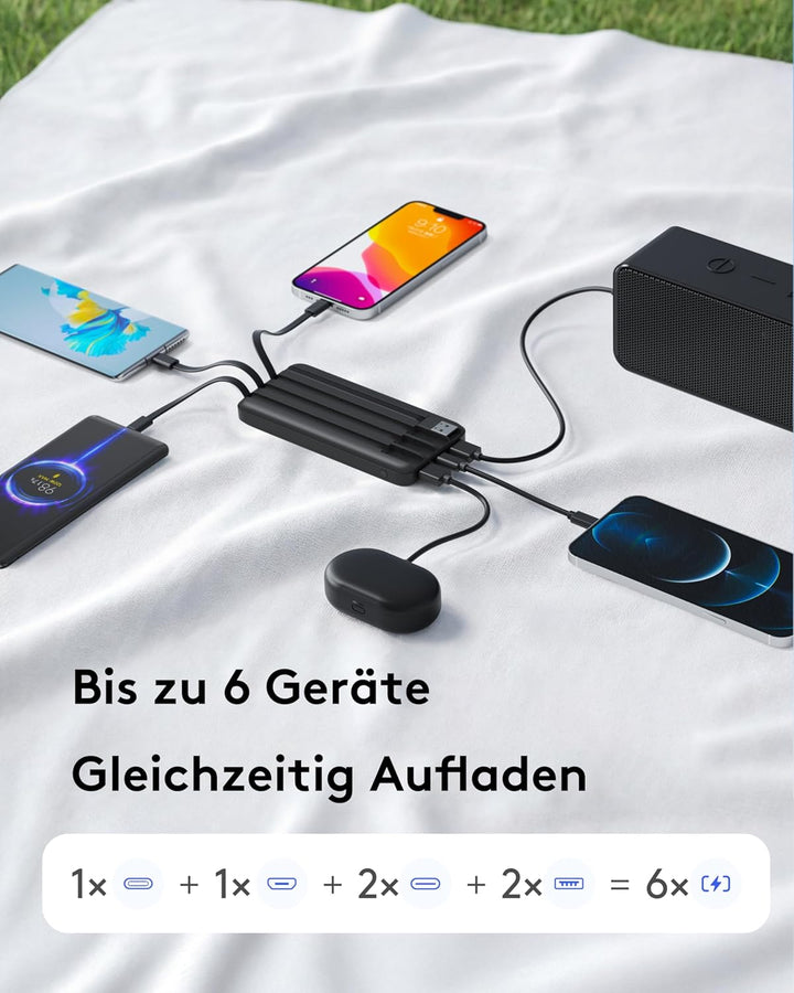Orfeika 10000mAh Power Bank, 22,5W Powerbank Schnellladung mit 4 Integrierte Kabel,Tragbares Ladeger