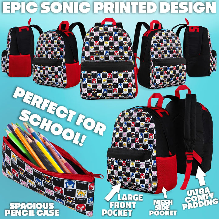 Get Trend Sonic THE Hedgehog Rucksack Kinder Jungen 4er Set mit Trinkflasche Kinder Federmäppchen Lu