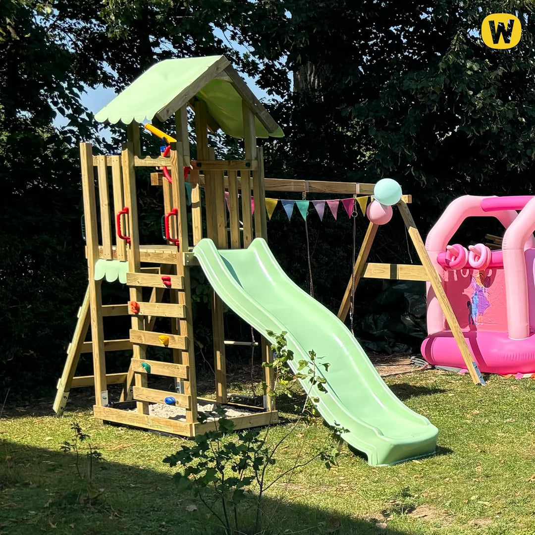 Wickey Spielturm Klettergerüst MultiFlyer Light, Schaukel & grüner Rutsche, Outdoor Kinder Klettertu