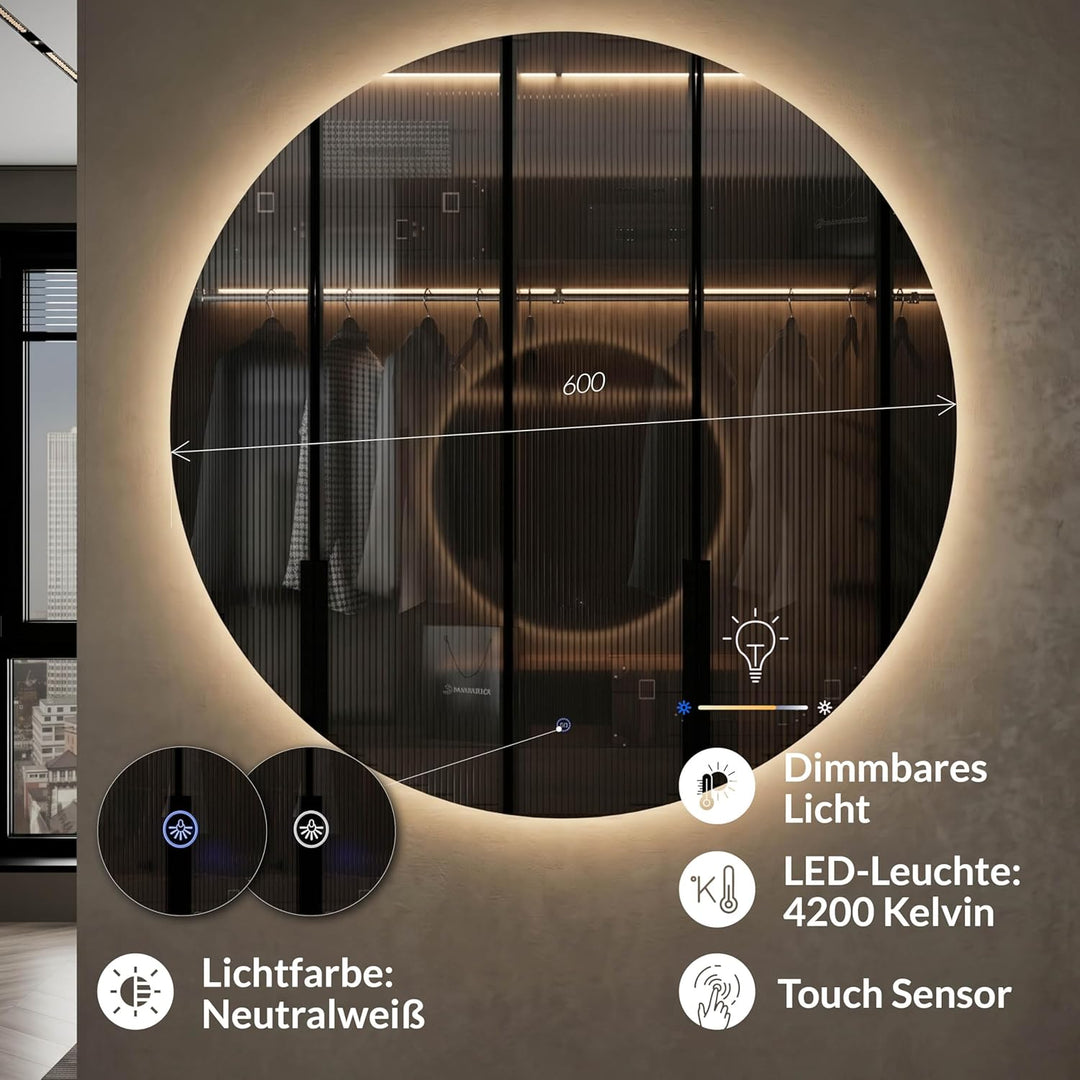 Planetmöbel NOVA Spiegel mit Beleuchtung rund, Spiegel mit LED-Licht, Dekorativer Wandspiegel ohne R