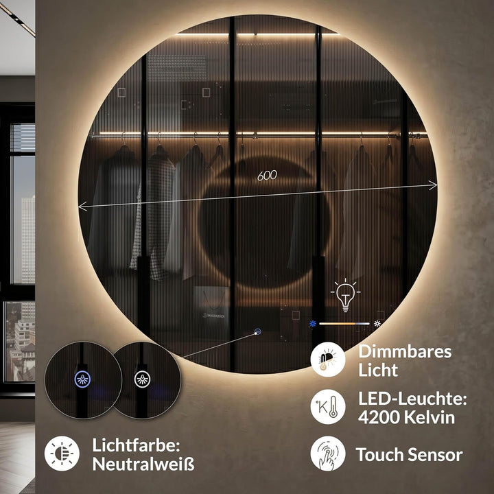 Planetmöbel NOVA Spiegel mit Beleuchtung rund, Spiegel mit LED-Licht, Dekorativer Wandspiegel ohne R
