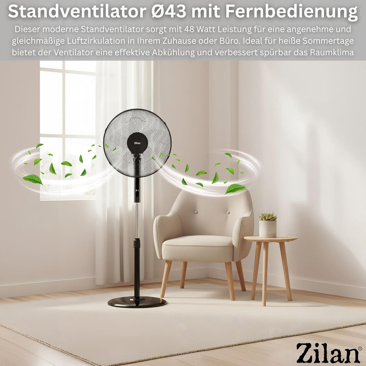Zilan Standventilator Ø43cm leise mit Fernbedienung & Timer – 48W Leistungsstarker Ventilator energi