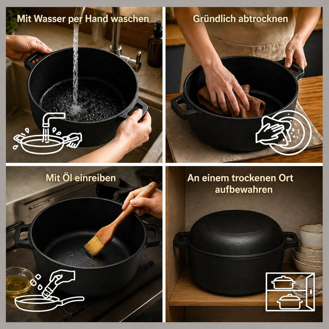 2 in 1 Gusseisen Dutch Oven 5 QT Vorgewürzter Gusseisentopf mit 1,6 QT Pfannendeckel Schwerer Bräter