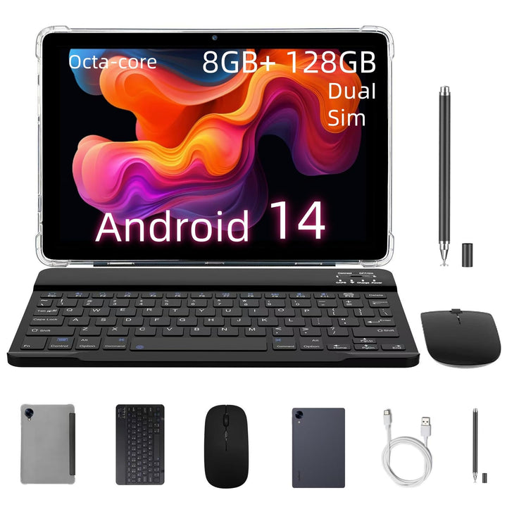 Redbeat Tablet 10 Zoll, 2-in-1 Tablet Android mit Stift Tastatur Maus Lederhülle und SIM Kartensteck
