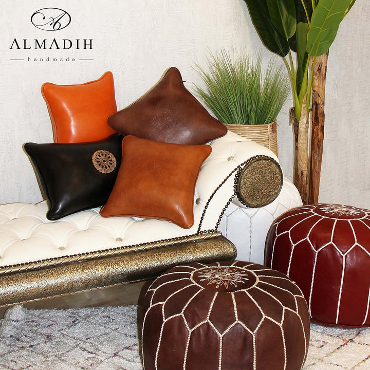 ALMADIH Lederkissen XL mit Füllung cognac 50x35 cm 100% traditionelle Handarbeit echtes Leder - Sofa