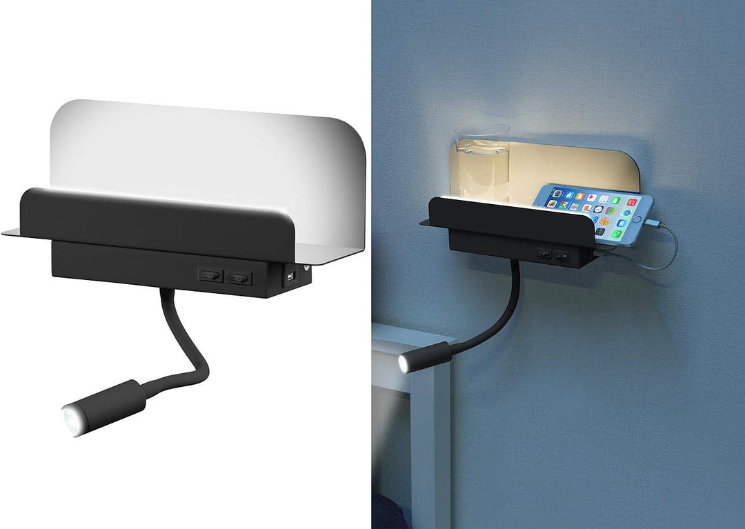 Carlo Milano Leselampe Bett: Wandregal mit Leselicht, Nachtlicht & USB-Ladeport, 445 Lumen, schwarz
