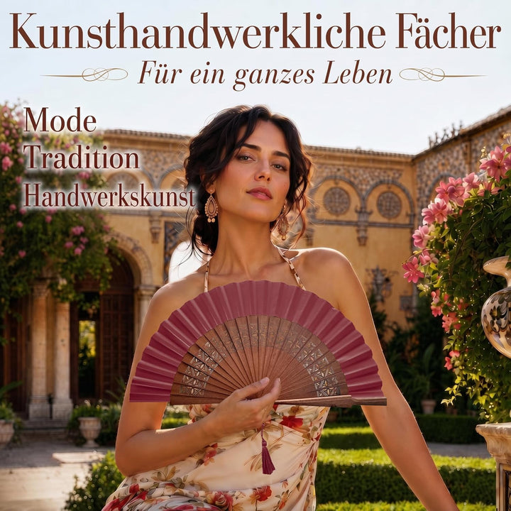 Handgefertigter Spanischer Fächer - 100% Baumwolle und Sipo-Holz - HandFächer aus Holz und Stoff - F