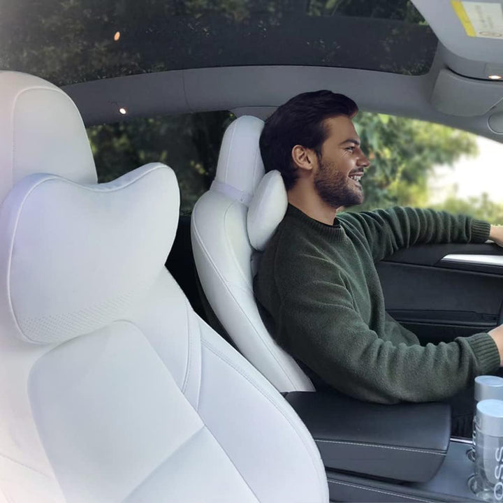 TESBEAUTY Upgraded Auto Kopfstütze Kissen 2 Packungen Echtes Nappaleder Auto Nackenkissen Tesla Mode