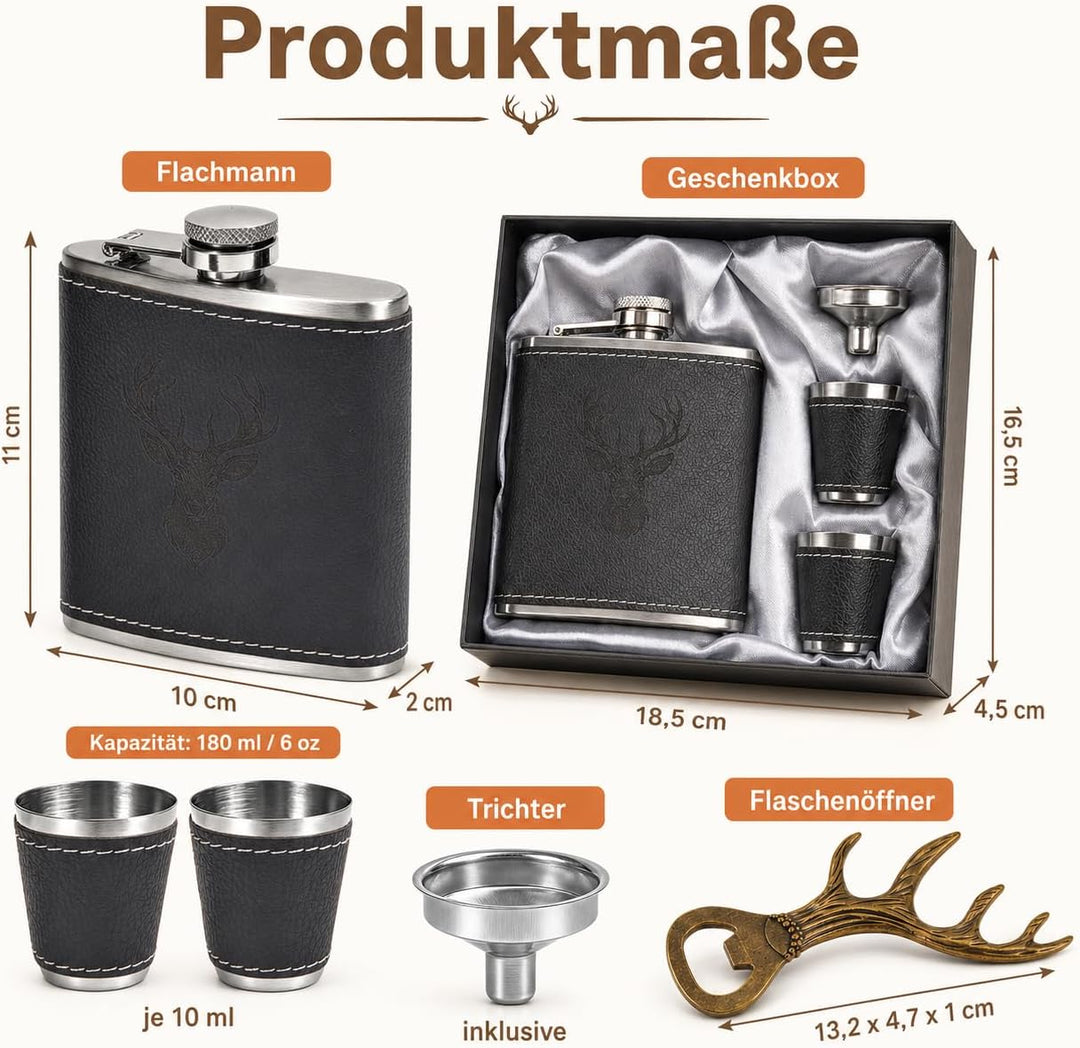 Jäger Geschenk Flachmann mit Hirsch Gravur - 6oz/180ml Edelstahl Flask Set in Geschenkbox mit 2x10ml