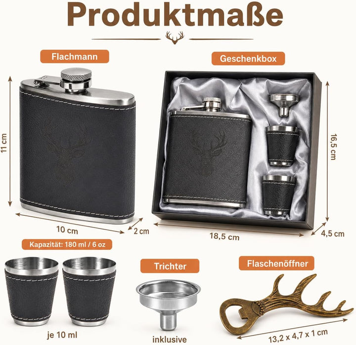 Jäger Geschenk Flachmann mit Hirsch Gravur - 6oz/180ml Edelstahl Flask Set in Geschenkbox mit 2x10ml