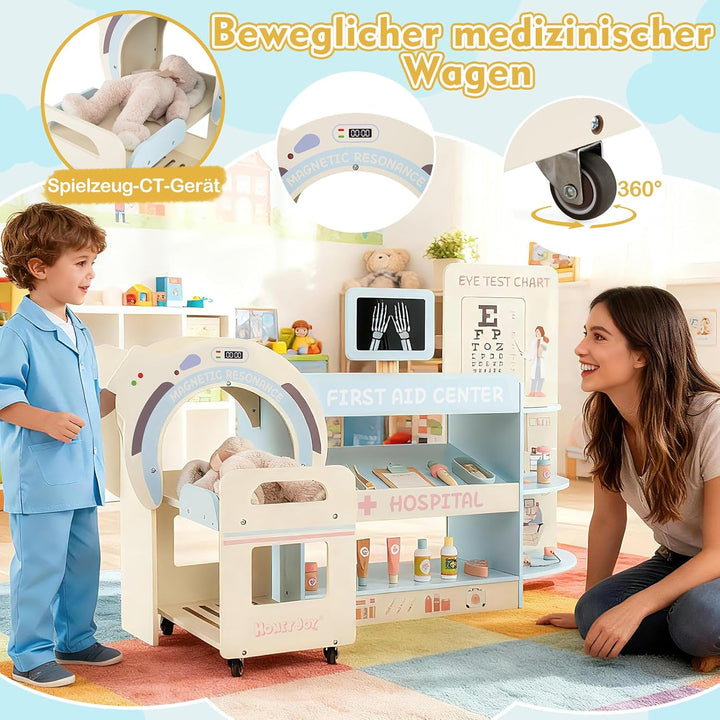 DREAMADE Arztspielset für Kinder, Krankenhaus aus Holz mit Sehtest, CT-Spielgerät & Röntgenapparat,