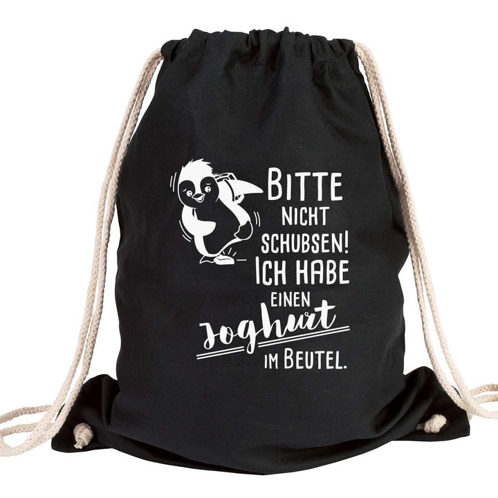 JUNIWORDS Turnbeutel - Wähle eine Farbe - "Bitte nicht schubsen! (Pinguin) Ich habe einen Joghurt im
