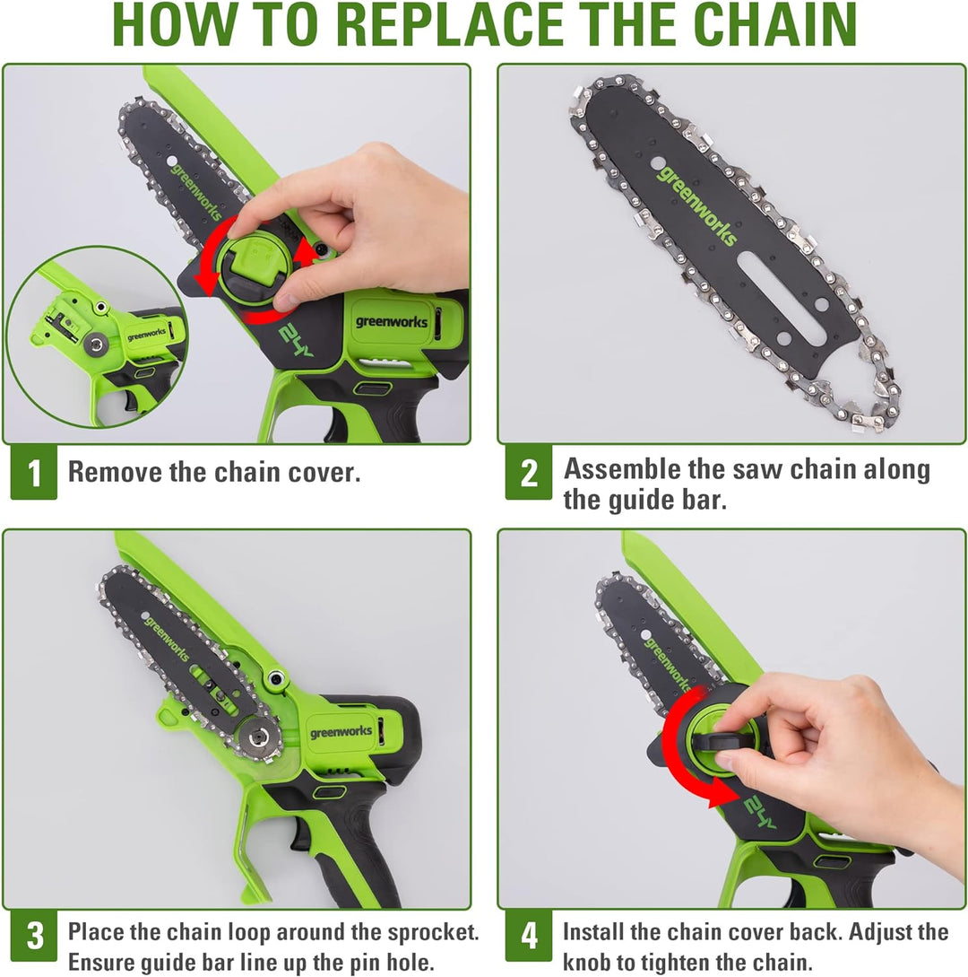 Greenworks 24V Mini-Kettensäge 4-Zoll (10 cm) kabellose Akku-Kettensäge ohne Akku und Ladegerät, 7,8