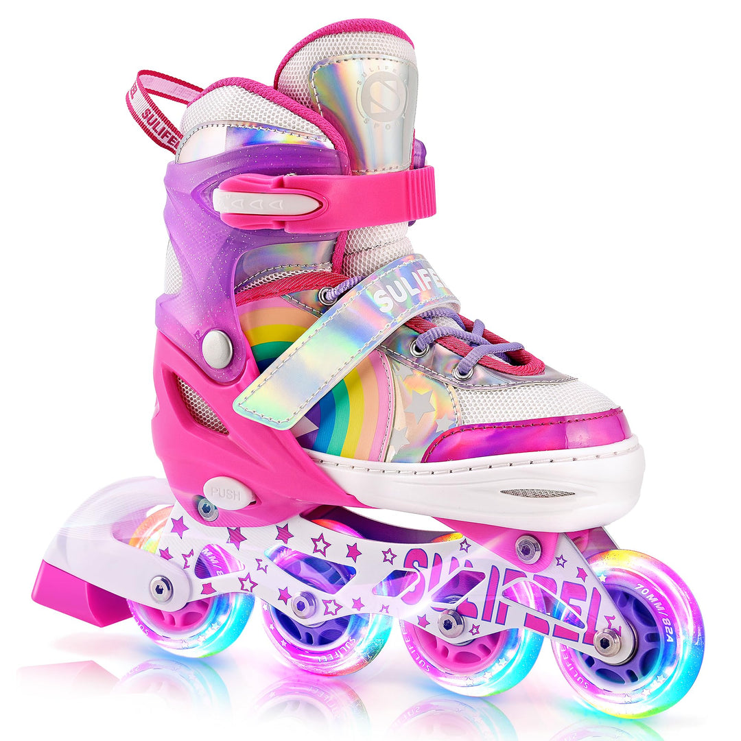 SULIFEEL Rainbow Unicorn Verstellbare Schwarz Rollschuhe für Kinder mit Leuchtenden Rädern für Junge