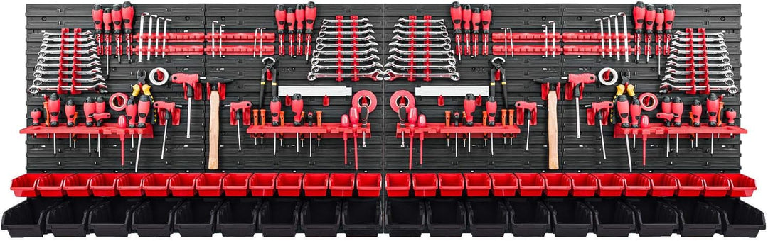 PAFEN Werkzeugwand Stapelboxen - 2304 x 780 mm - Lagersystem SET Werkzeughaltern und 46 Rot/Schwarz