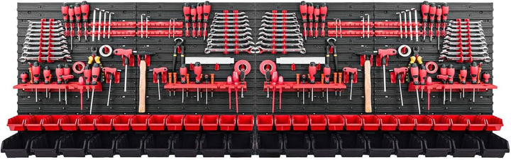 PAFEN Werkzeugwand Stapelboxen - 2304 x 780 mm - Lagersystem SET Werkzeughaltern und 46 Rot/Schwarz