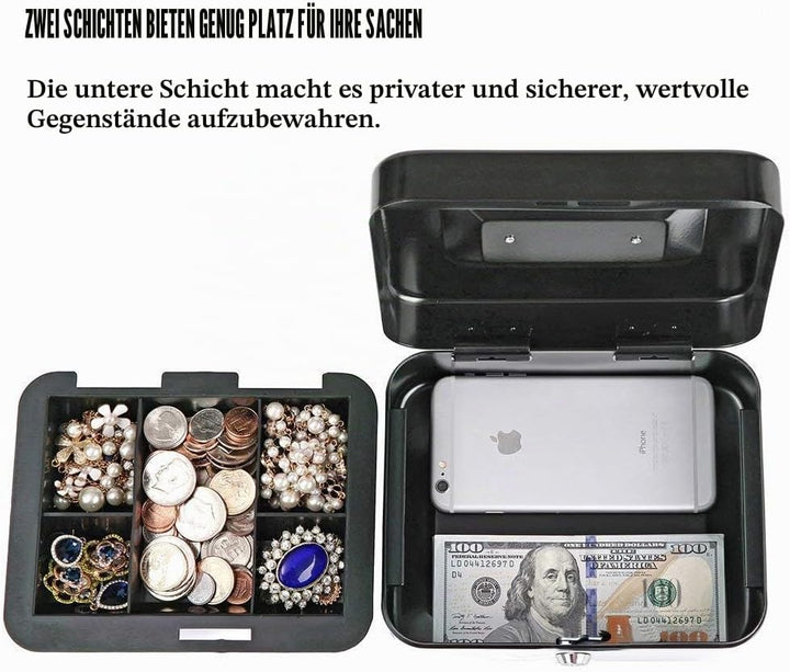 Grosse Geldkassette mit Tastensperre, tragbare Spardose aus Metall mit Doppelschicht und 2 Schlüssel