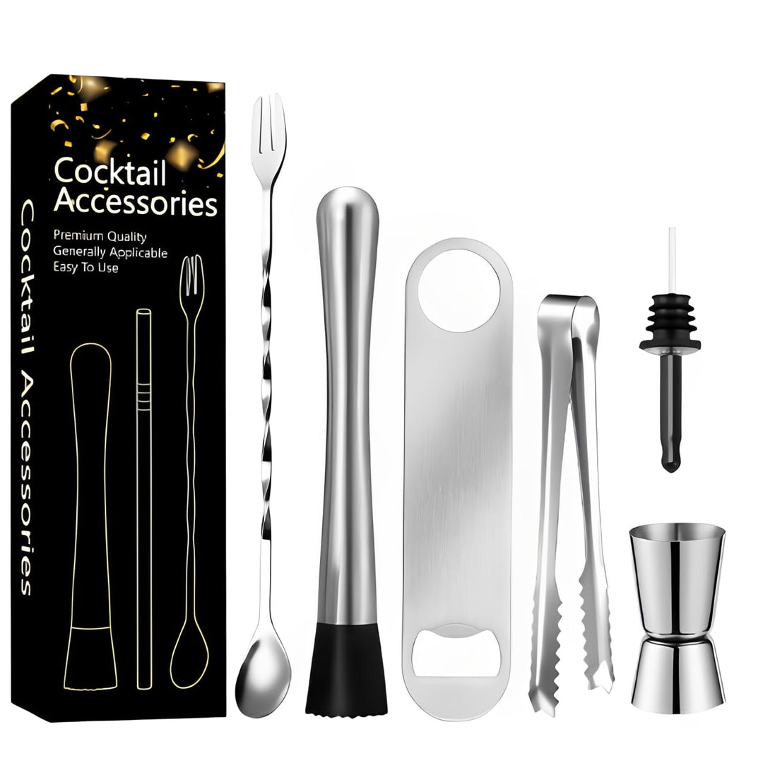 Professionelles Cocktail Set (6-teilig), Edelstahl Stampfer, Cocktail Stössel,Barlöffel Lang,messbec