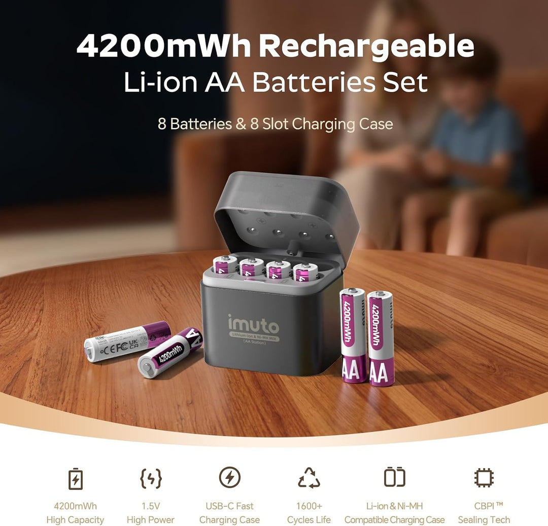 imuto Batterien AA 8 Stück Wiederaufladbare Lithium 1,5V 4200mWh mit Schwarzem Schnelles Aufladen LE