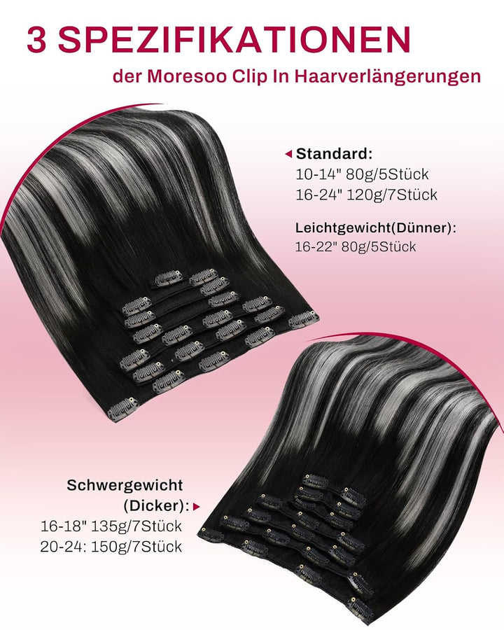 Moresoo Remy Echthaar Extensions Clip in Schwarz Silber Haarverlängerung Echthaar Clip in Extensions