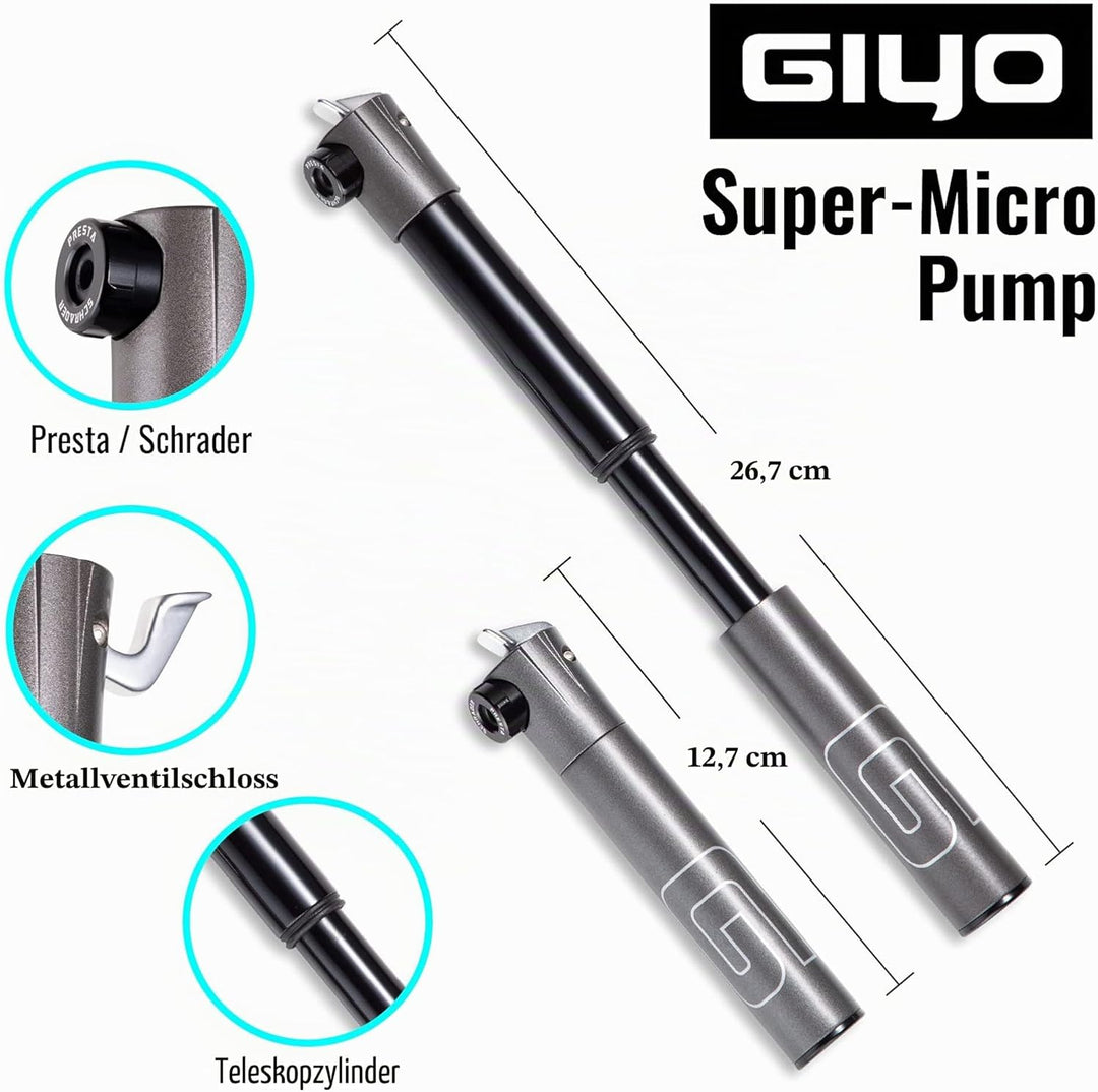 GIYO Super Micro Fahrradreifenpumpe, aus Metall, kleinste Pumpe, erhältlich mit Teleskoppumpe für MT