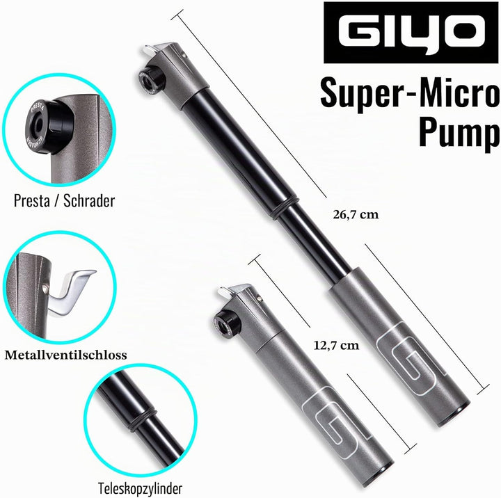 GIYO Super Micro Fahrradreifenpumpe, aus Metall, kleinste Pumpe, erhältlich mit Teleskoppumpe für MT