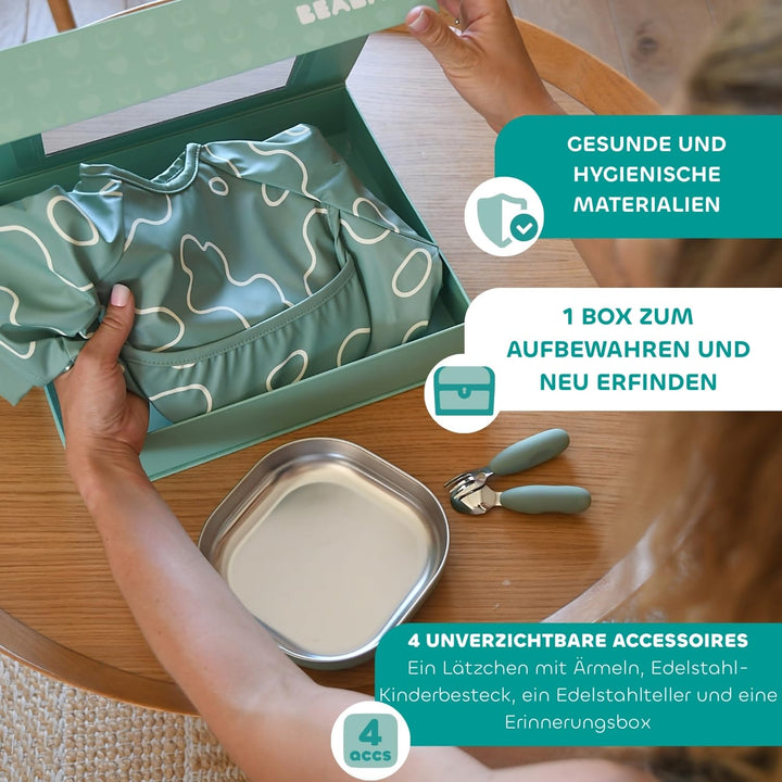 BÉABA Baby-Essensset Geschenkset ab 4 Monaten – Edelstahl-Teller mikrowellengeeignet, Ergonomisches