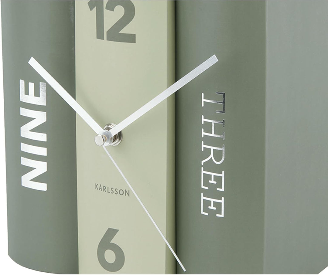 Karlsson KA5756GR Tischuhr, Trompe-L'Oeil-Bücher, Buch, Grün, Fester Karton und Metall, H20 x 20 x 1