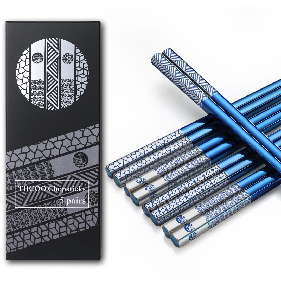 Edelstahl Essstäbchen, 18/8, Titan-Lasergravur, spülmaschinenfest, 5 Paar Geschenkset (blau), wieder