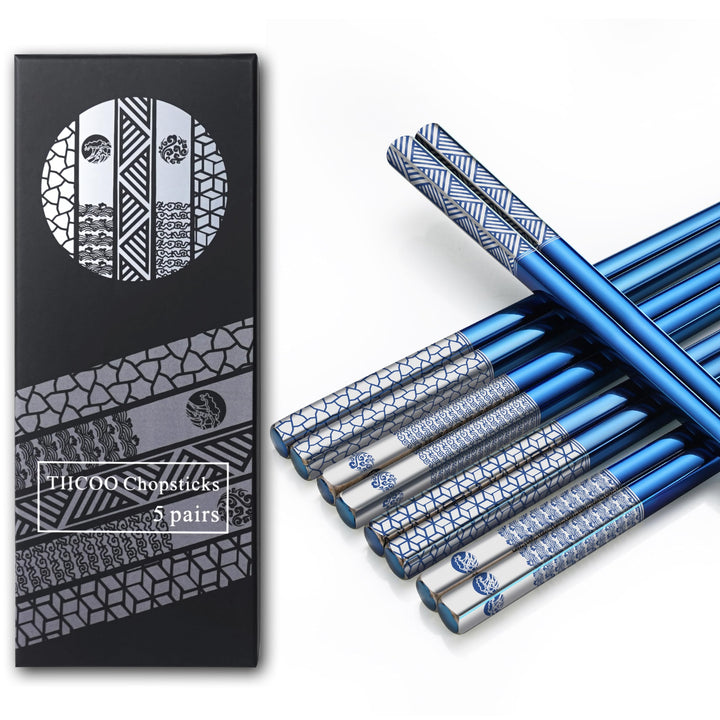 Edelstahl Essstäbchen, 18/8, Titan-Lasergravur, spülmaschinenfest, 5 Paar Geschenkset (blau), wieder