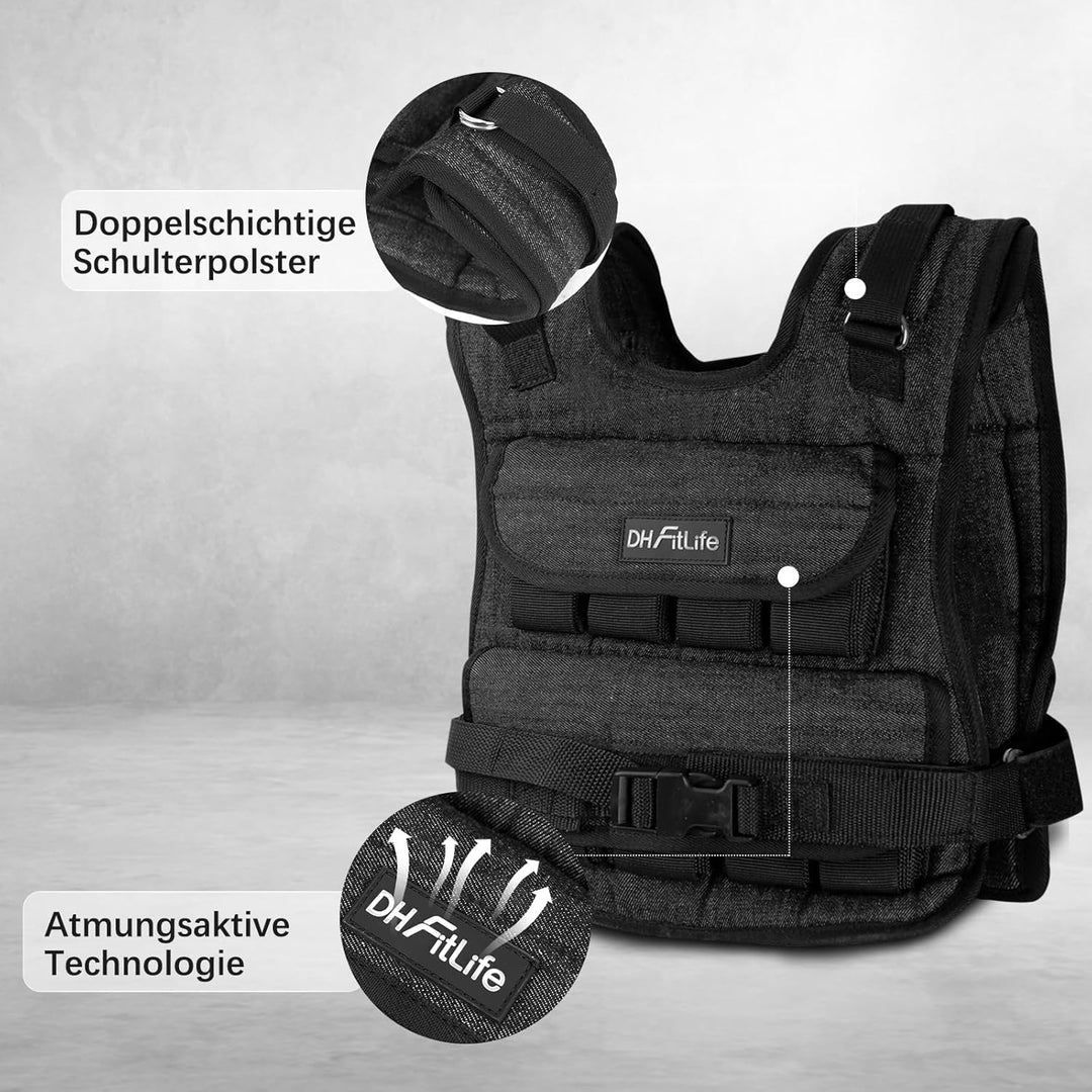 DH FitLife Verstellbare Gewichtsweste 10kg/20kg Kompakt u. Stabil zum Muskelaufbau u. Krafttraining