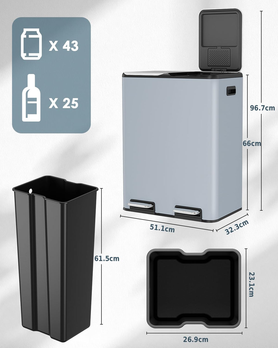 LIFERUN Mülleimer 2 Fächer, 2 x 30 Liter Treteimer mit Geruchsfilter, Deckel Geräuschlos, Inneneimer