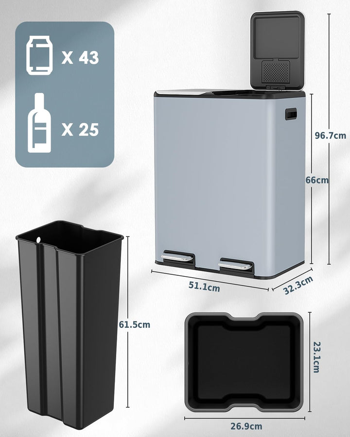 LIFERUN Mülleimer 2 Fächer, 2 x 30 Liter Treteimer mit Geruchsfilter, Deckel Geräuschlos, Inneneimer