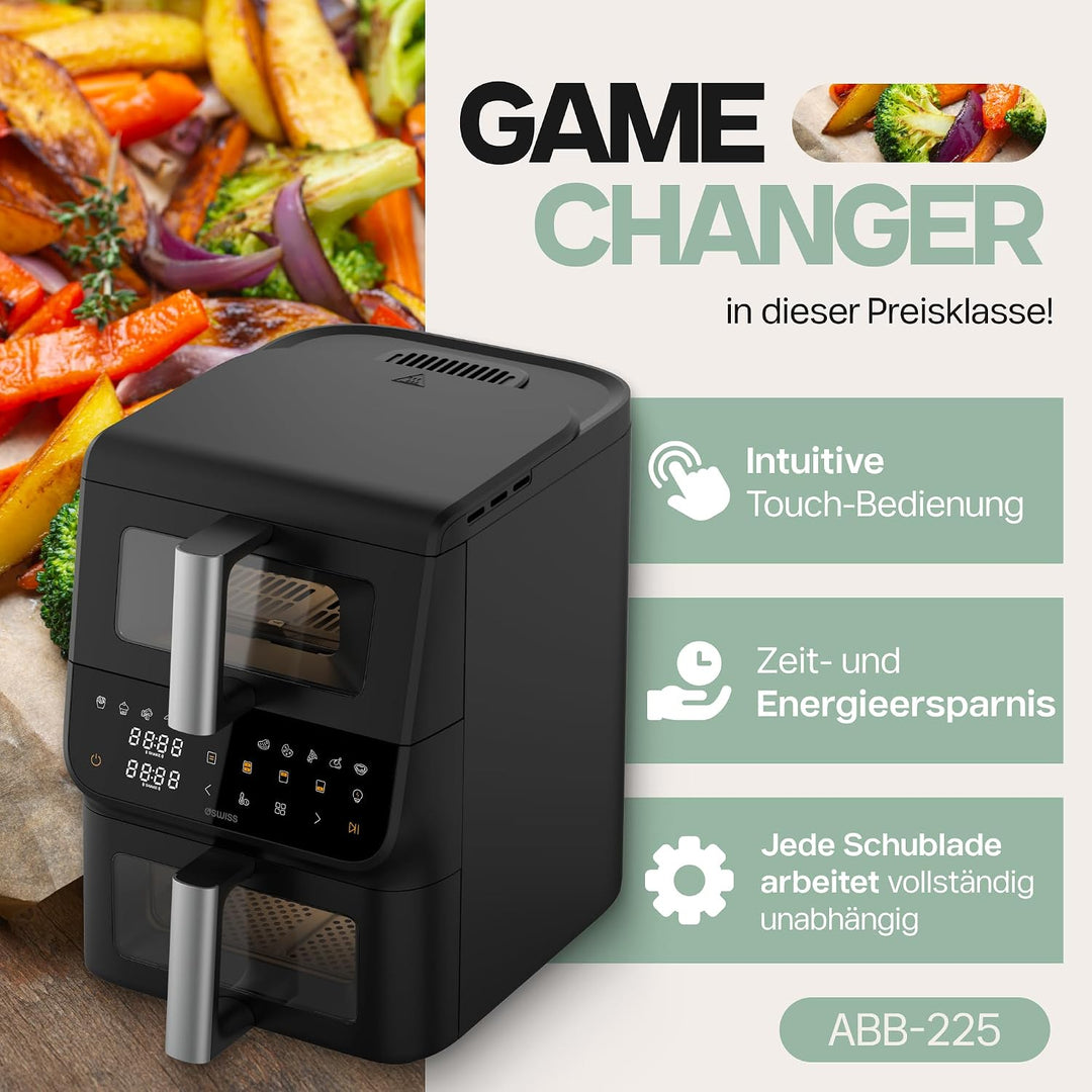 4Swiss Airfryer 10L Heissluftfritteuse Heissluftfritteuse mit 2 Kammern Air Fryer und Doppelkammer D