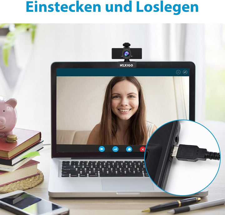 NexiGo N60 1080P Webcam, HD-Webcam mit Mikrofon, Softwaresteuerung und Datenschutzabdeckung, USB-Com