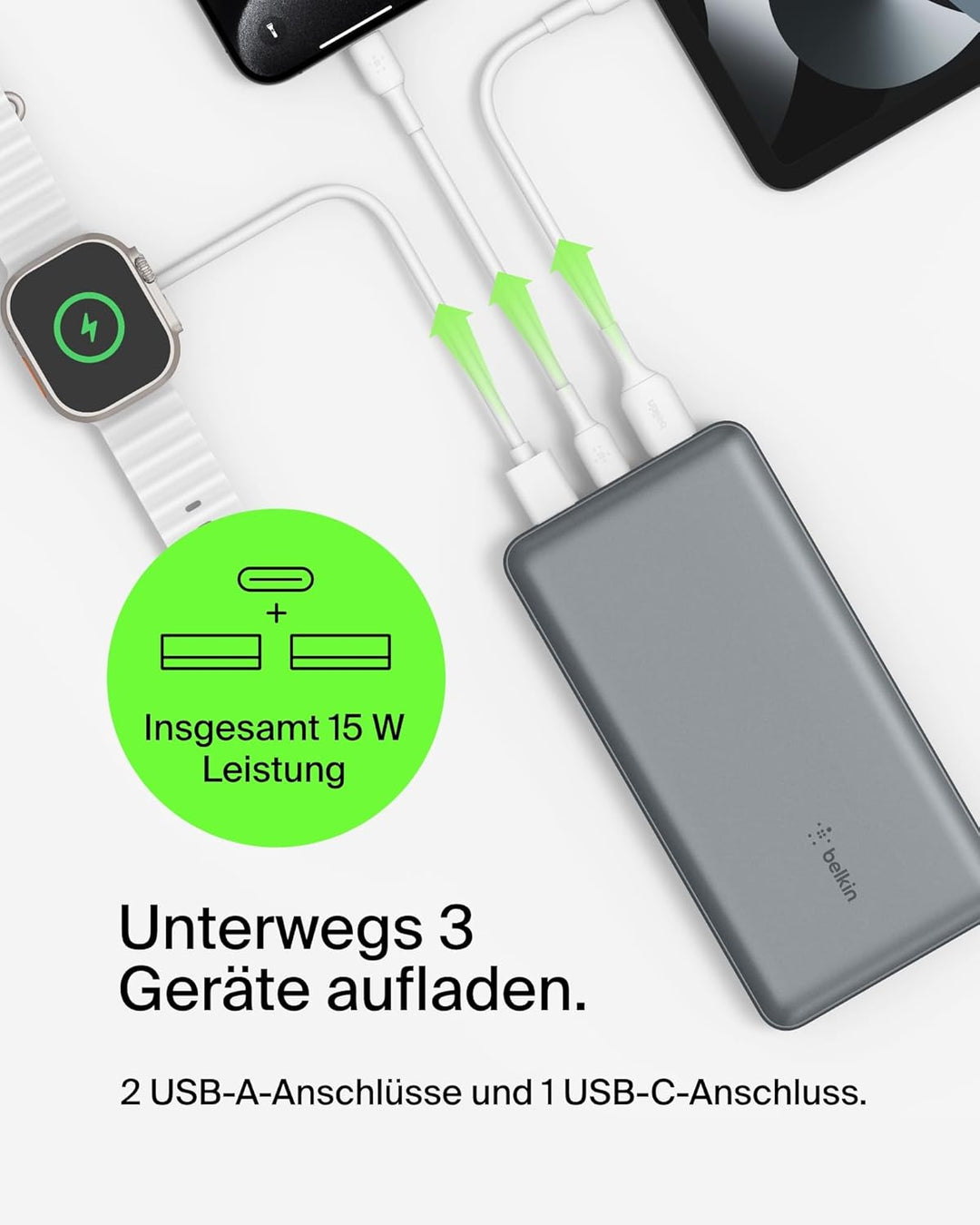 Belkin tragbares USB-C-Ladegerät, 20.000mAh, 20K Powerbank mit USB-C-EIN-/Ausgang und 2 USB-A-Anschl