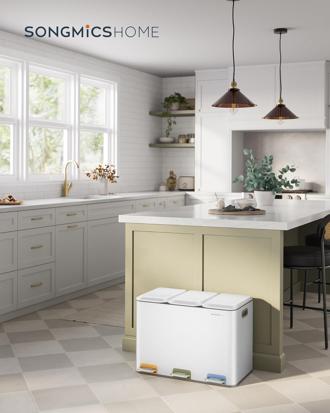 SONGMICS HOME Mülleimer Küche, 3 x 15 L Fächer, Abfalleimer mit farbcodierbaren Pedalen, Mülltrennsy