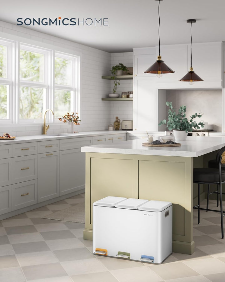 SONGMICS HOME Mülleimer Küche, 3 x 15 L Fächer, Abfalleimer mit farbcodierbaren Pedalen, Mülltrennsy