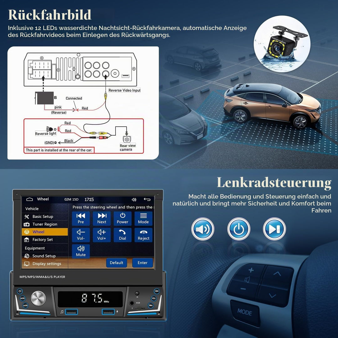 Hikity AM FM Autoradio 1 Din Wireless Carplay Android Auto, Touch Screen 7 Zoll Ausfahrbarem Display