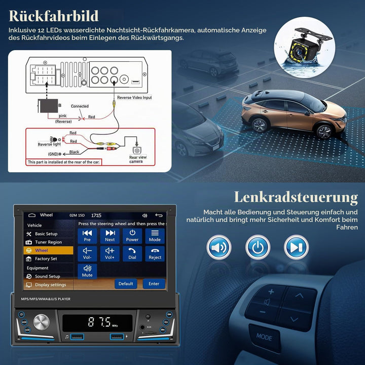Hikity AM FM Autoradio 1 Din Wireless Carplay Android Auto, Touch Screen 7 Zoll Ausfahrbarem Display