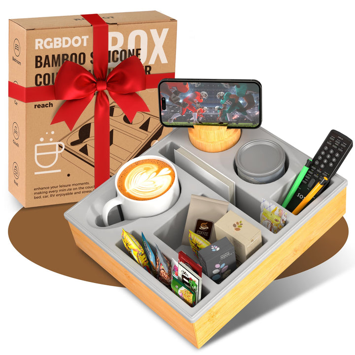 Couchbar Snackbox Silikon sofatablett mit 360 Grad Drehbar Handyhalter beistelltisch mit Holz Sofata