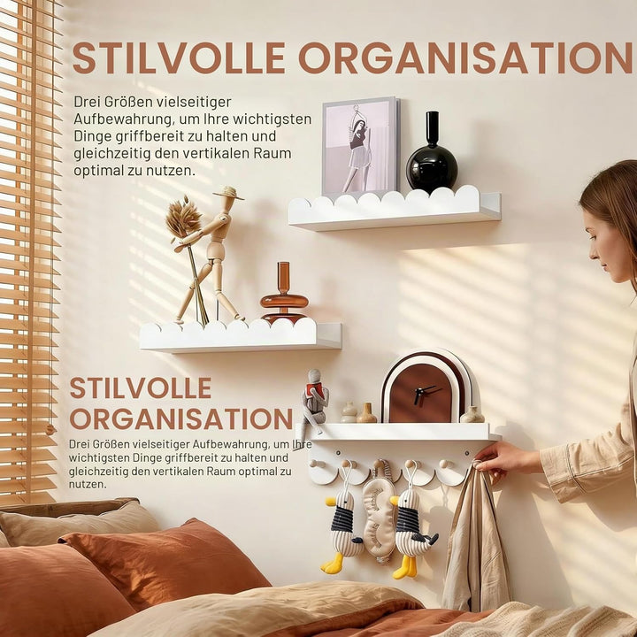 Wandregal Kinderzimmer 3er-Set Massivholz, Montessori Schwebregal 40cm mit sanften Rundungen, Bücher