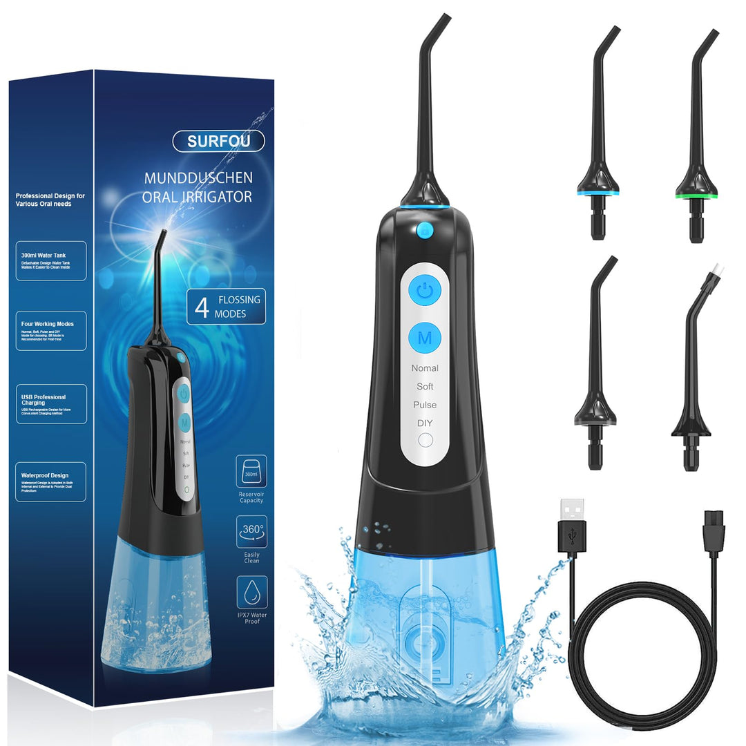 SURFOU Munddusche Kabellos Mundduschen 300ML 4 Modi 4 Düsen, Mundduschen Reise Water Flosser IPX7 Wa